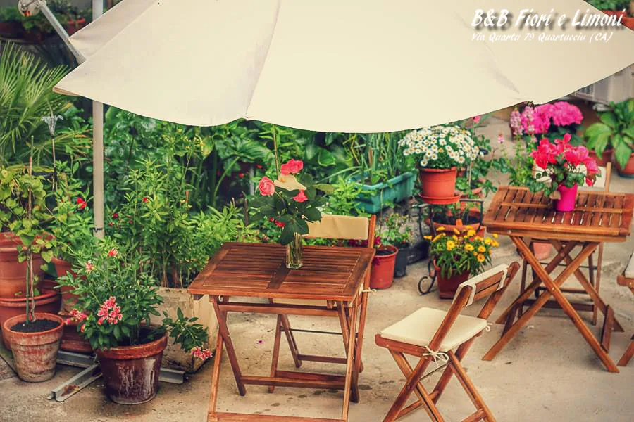 I tavolini del giardino fra le piante fiorite, all'ombra dell'ombrellone